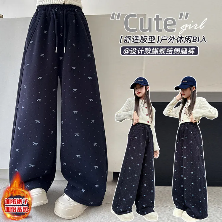 女童冬季加绒加厚休闲裤2025新款中大童女孩洋气韩系印花显高直筒