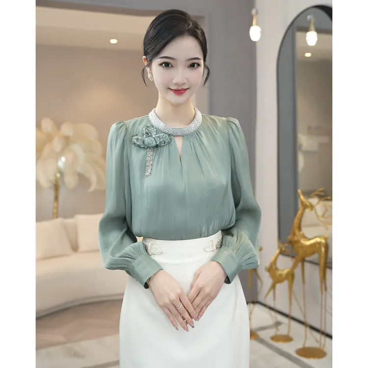 唐熹现货2026年春秋季【DD-2539】小众高级设计感绿色长袖衬衫上