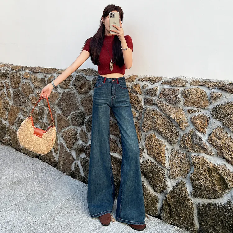 高腰微喇叭牛仔裤女2025秋季蓝灰色新款网红弹力宽松直筒显瘦7778