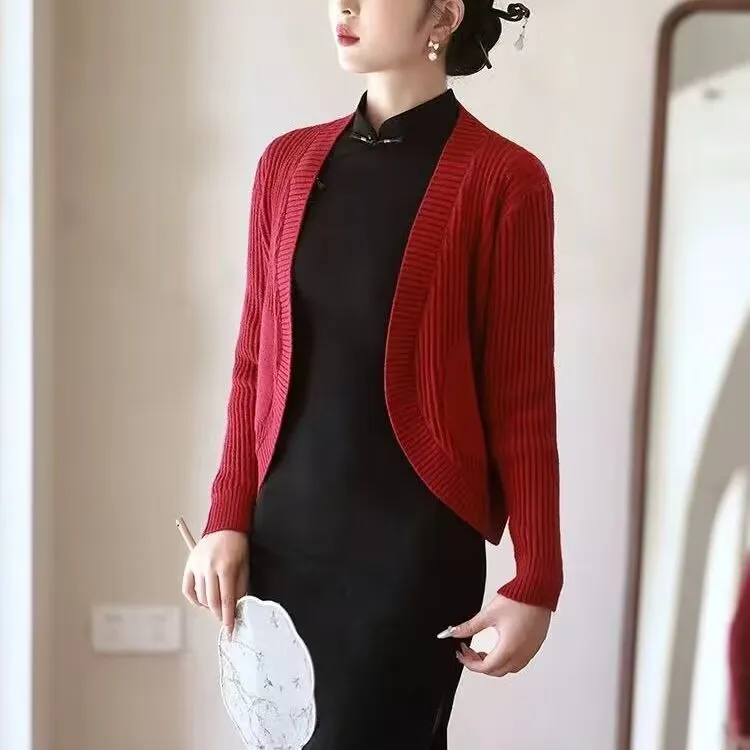 旗袍披肩外搭春秋短修身中式喜婆婆结婚礼服针织小开衫秋季外套薄