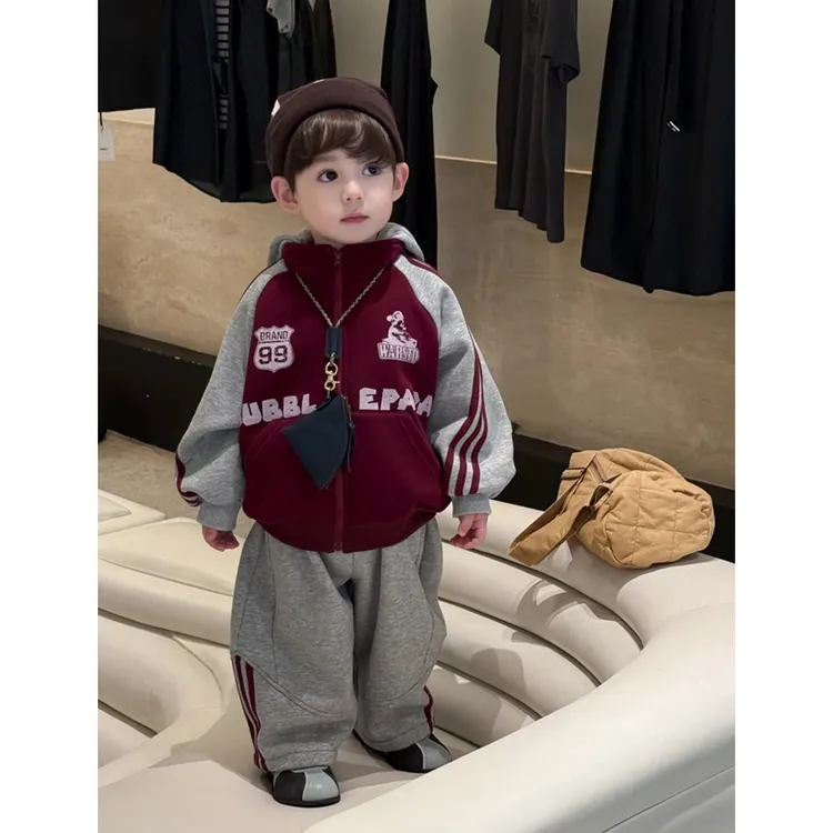 男童秋冬装套装2025新款儿童韩版拼色加绒连帽外套加厚卫裤两件套