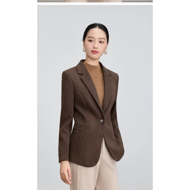 【精英职场】立体剪裁版条纹咖色小西装拉夏贝尔.TS3515.TSD她