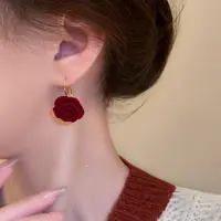 合金耳饰 【美美专享】881700秋季新款丝绒玫瑰花耳环女