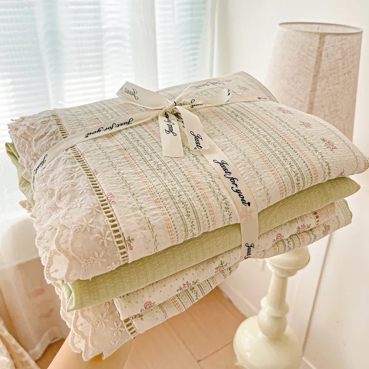 新款加厚透气花边款韩式木棉皱皱纱四件套小清新床品套件小碎花