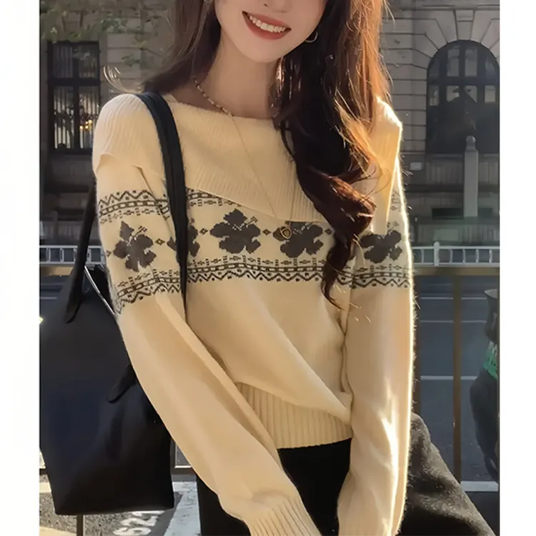 复古港风拼色设计感长袖针织衫女2026冬季新款氛围感甜美显瘦衣服