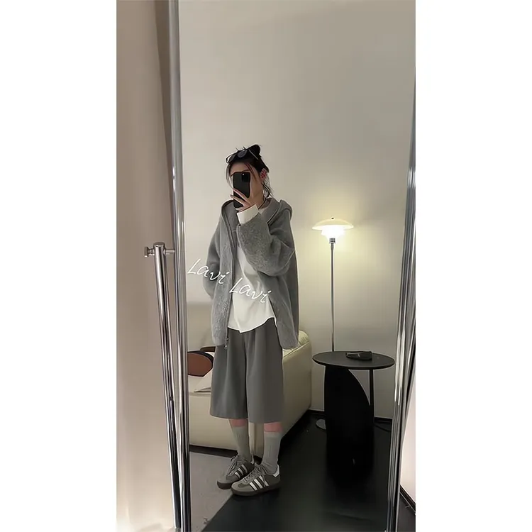 灰色连帽衫2025女秋季新款慵懒风休闲开衫卫衣百搭显瘦外套休闲裤
