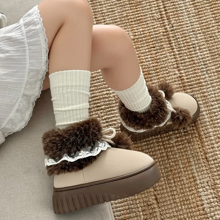 新款厚底增高双球蕾丝边毛口棉鞋女秋冬季加绒保暖防滑高帮雪地靴