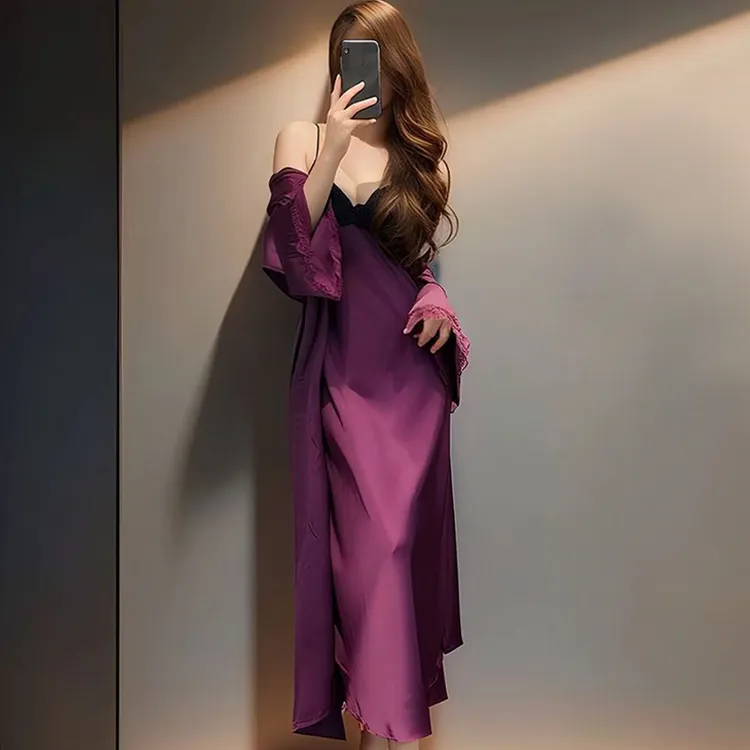 性感睡衣女冰丝薄款带胸垫长款过膝露背纯欲风家居服法式吊带睡裙