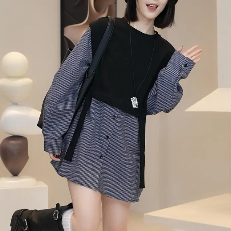 假两件格子衬衫女2025春秋季设计感洋气减龄宽松中长款遮屁股上衣