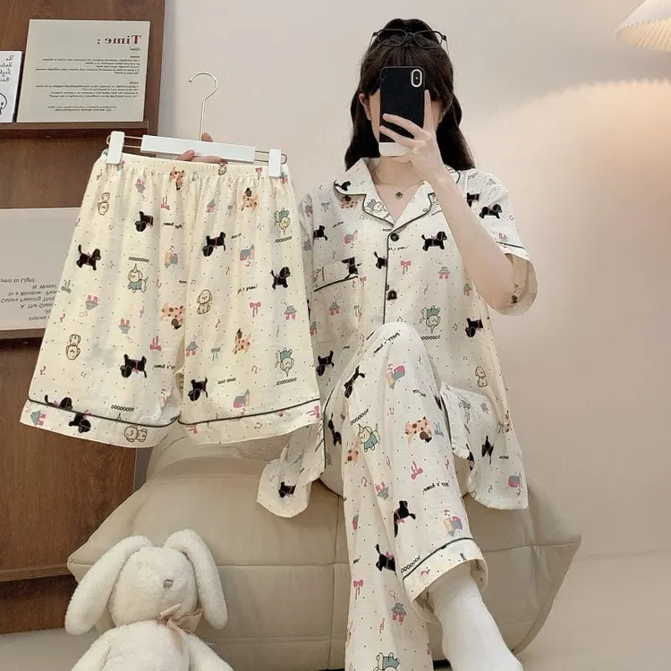 【斑点狗】夏季云朵棉睡衣女翻领开衫短袖短裤长裤三件套女士睡衣