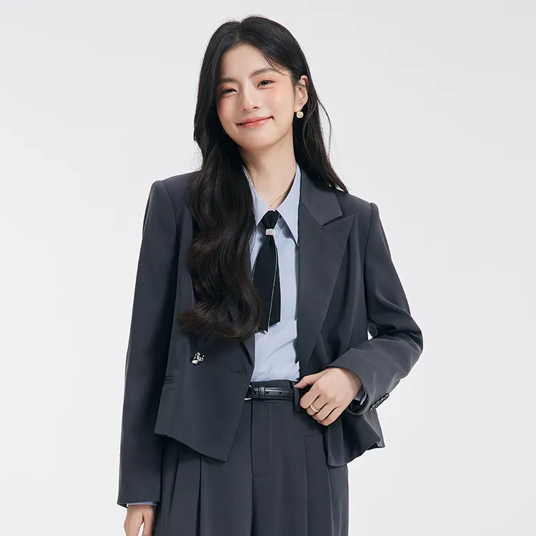 达佳诗-职场精英 灰色正装套装女士经典显瘦通勤面试短款西装外套