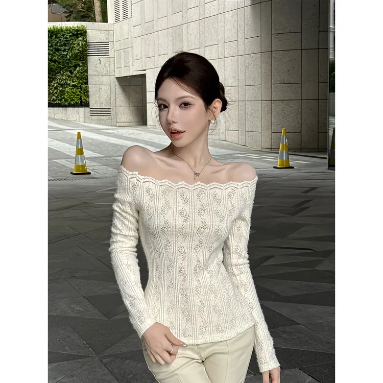 纯欲性感辣妹蕾丝一字肩长袖针织衫女秋季气质修身显瘦高级感上衣