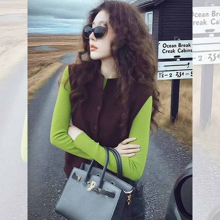 独特漂亮咖色无袖小衫女装韩系秋冬季穿搭休闲外穿针织坎肩上衣服