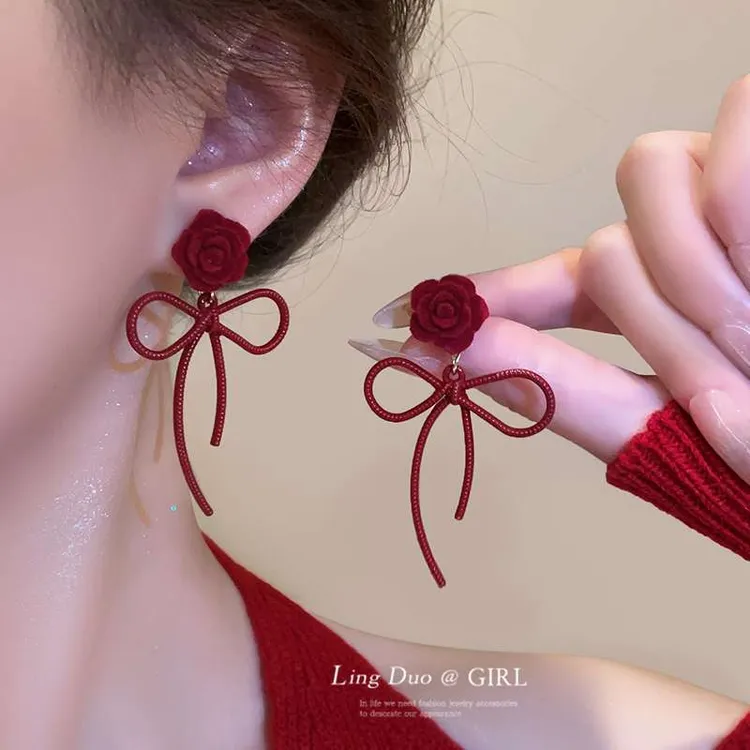 925银耳饰 耳饰安可拉红花朵蝴蝶结耳钉小众设计感轻奢时尚耳饰