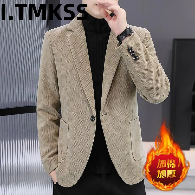 2026冬季男士毛呢西服加棉加厚修身提花格子呢子西装保暖休闲外套