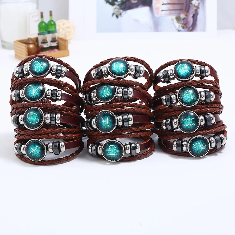 铜合金亚克力手链 情侣庞克复古手链牛皮十二星座直销手工串珠diy