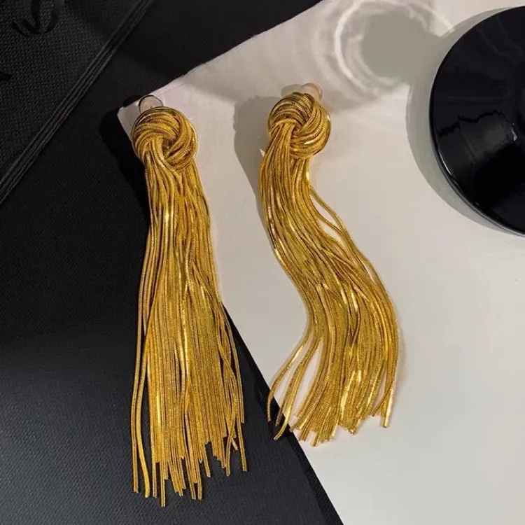 925银耳饰 S925银针狂飙大嫂陈书婷高叶同款金色流苏链条长款耳环