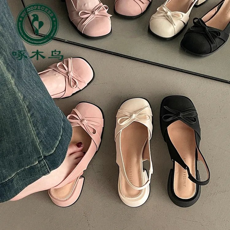 啄木鸟时尚百搭玛丽珍鞋女2025年夏季新款蝴蝶结绸缎包头后空凉鞋