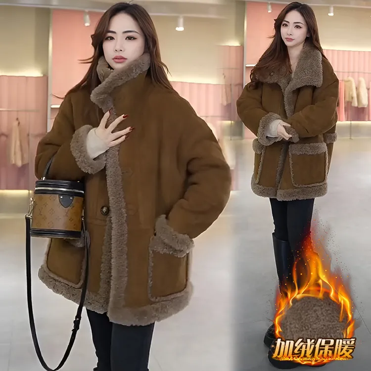 皮毛一体气质羊羔毛外套女装2025冬季新款秋季仿羊羔毛短款薄外套
