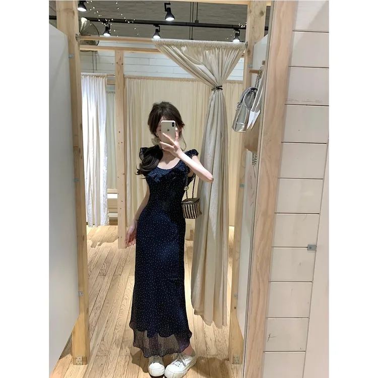 法式波点荷叶边飞飞袖雪纺吊带连衣裙女夏季薄款气质包臀裙长裙子