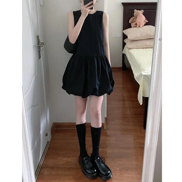 韩系黑色无袖背心连衣裙女夏季温柔风气质裙子小个子宽松花苞短裙