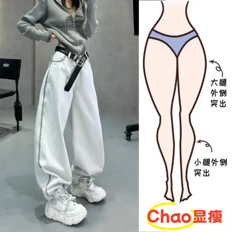 Aimeerosa/艾洛莎2025春季款阔腿牛仔裤显瘦宽松小众撞色线条长裤