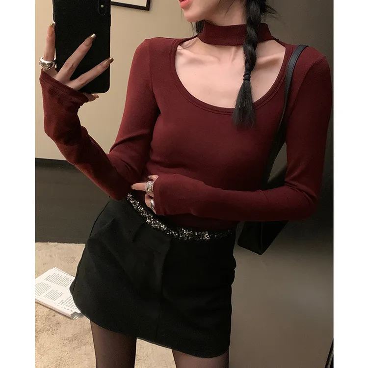 翰代维U领挂脖长袖打底T恤女秋季修身显瘦内搭辣妹短款上衣外穿潮