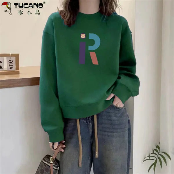 【啄木鳥】纯棉高质量短款圆领套头上衣长袖休闲风拼接卫衣春秋款