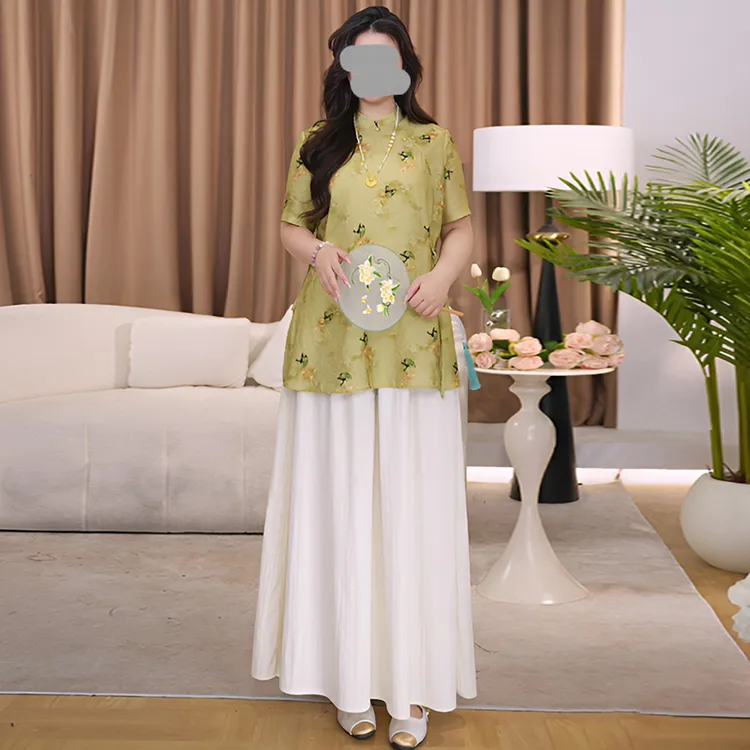 新中式印花巨好看套装女2025夏季新款改良旗袍上衣阔腿裤裙两件套