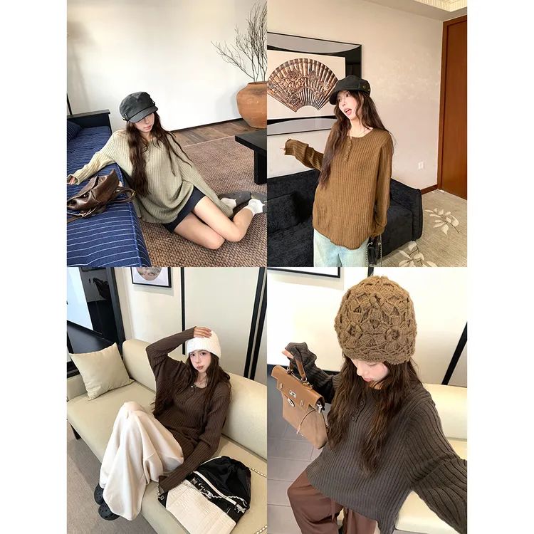 秋季韩版宽松休闲慵懒风圆领长袖纽扣针织上衣 60609