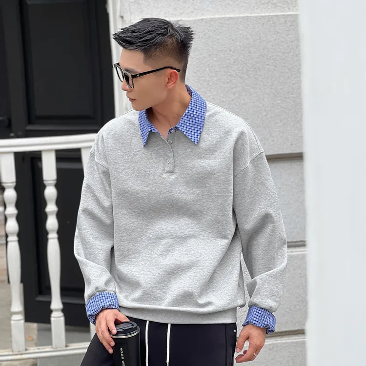 NO22WEAR【韩版格纹polo】假两件翻领拼接休闲宽松长袖高级感卫衣男