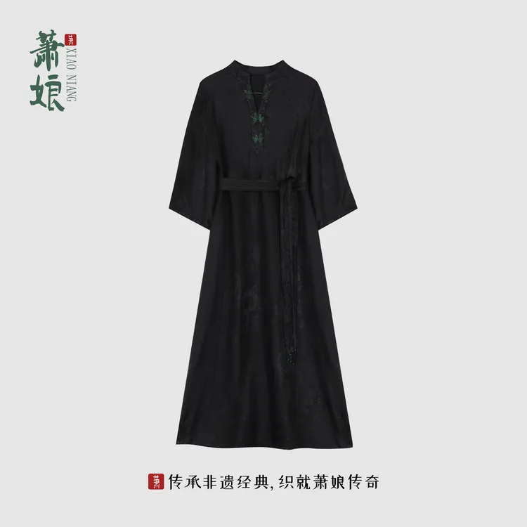 萧娘【国色天香】花罗香云纱连衣裙新中式立领长裙气质国风女裙5145