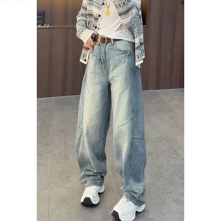 艾塔莉秋季女新款牛仔裤水洗气质阔腿裤百搭时尚不撞款美式弯刀裤