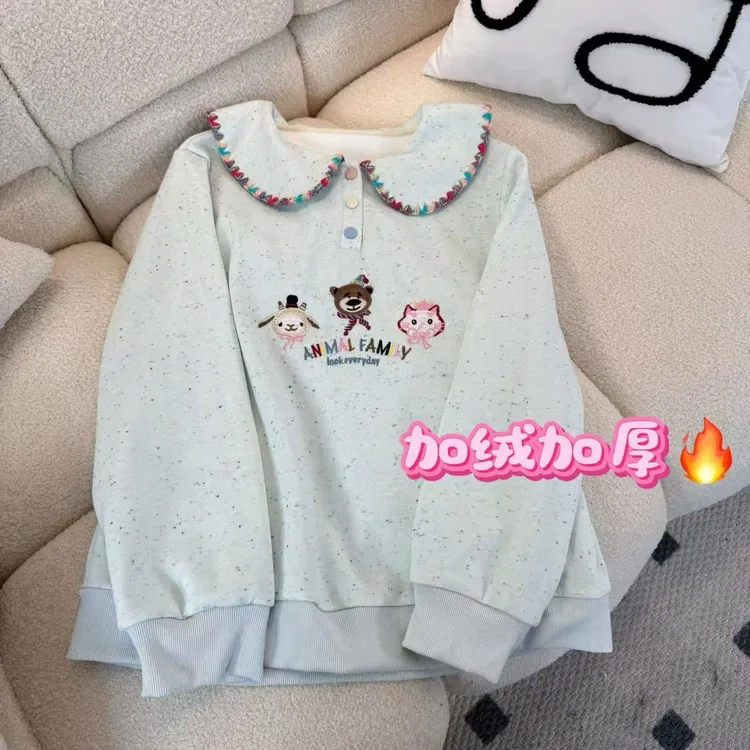 【小巧定制】XQ2760冬季新款甜美百搭显瘦彩点翻领卫衣大码女装