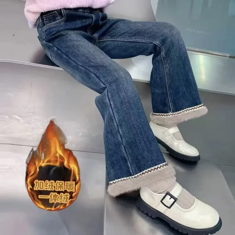 儿童加绒裤子2025中大童一体绒牛仔裤女童裤子喇叭裤修身弹力长裤