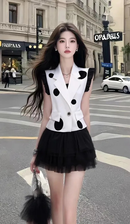 时尚轻奢小众波点V领无袖不规则上衣+黑色百搭显瘦半身裙两件套女