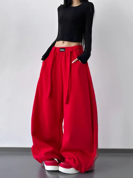 韩版2025新款高腰美式高腰抽绳宽松百搭直筒卫裤休闲阔腿裤女