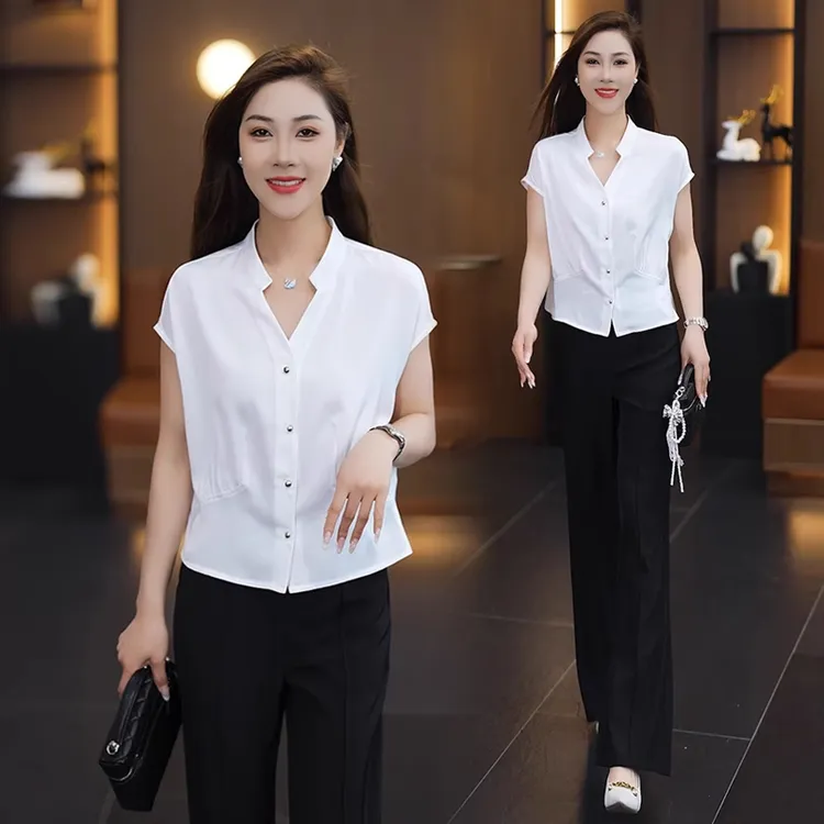 时尚气质套装女2025夏季新款洋气显瘦V领雪纺衬衫阔腿裤两件套潮