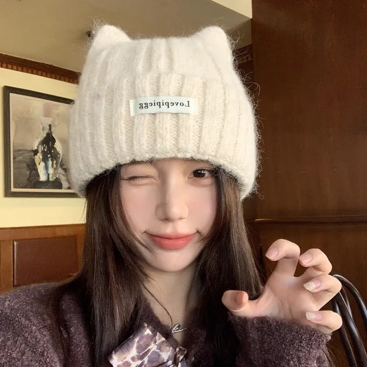 猫耳朵骑行帽女款秋冬季韩系大头围可爱保暖护耳显脸小针织骑行帽