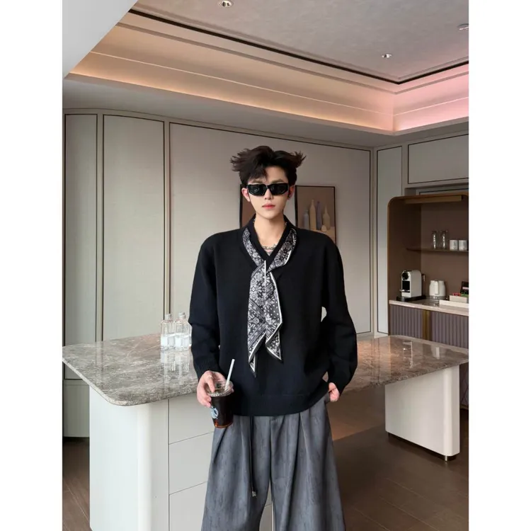 YOUNG秋季新品复古设计感丝巾系带长袖针织衫男韩宽松毛衣(MY01)
