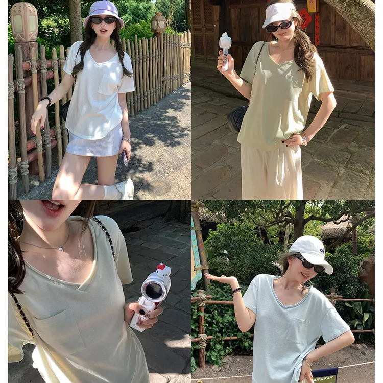 由子衣舍/Youzi Atelier松弛慵懒感雪花棉卷边V领宽松短袖T恤女