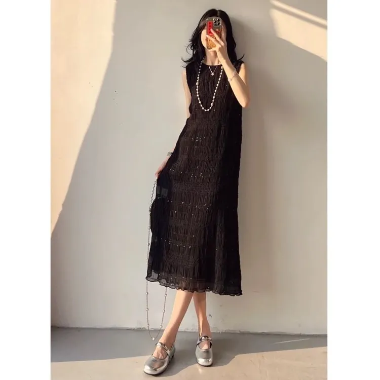 【星耀】设计感显瘦大码连衣裙夏季优雅气质时尚无袖褶皱百搭长裙