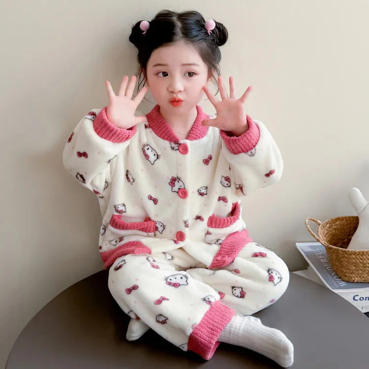 儿童KT猫咪睡衣秋冬季女童珊瑚绒加厚套装小女孩宝宝法兰绒家居服