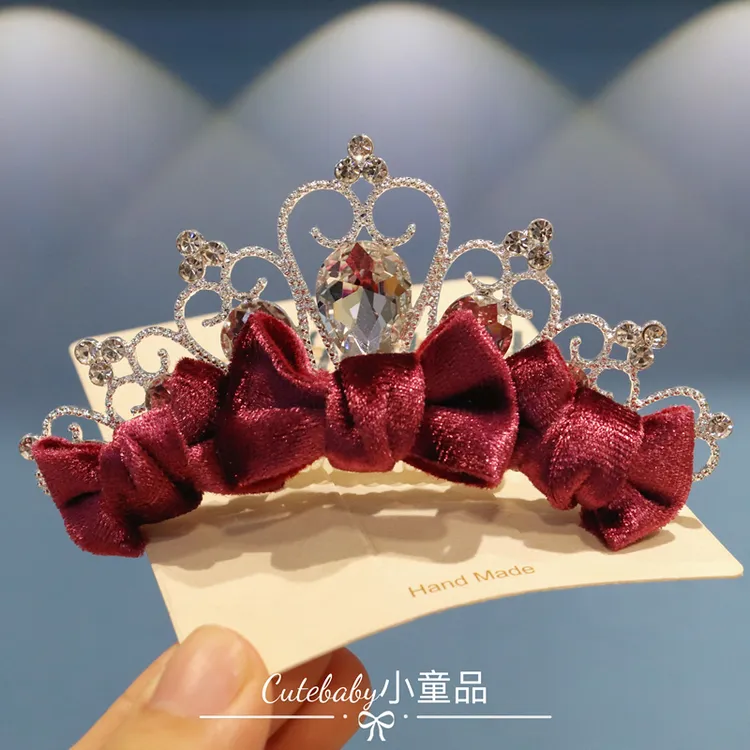 生日高级感丝绒皇冠儿童碎发插梳公主头饰红色表演头发箍女童发饰