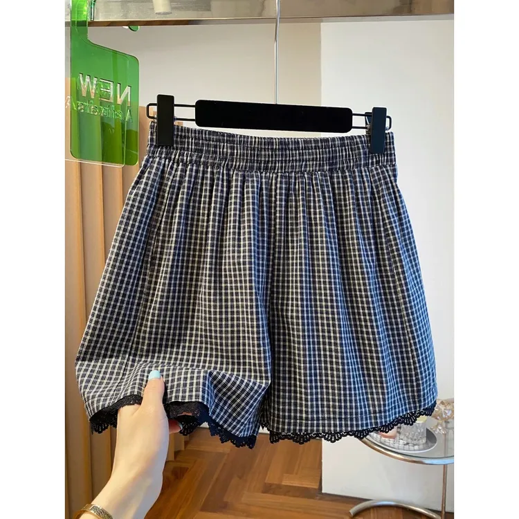 实物好美！蕾丝花边格子短裤女夏2025新款宽松减龄高腰阔腿裤女夏