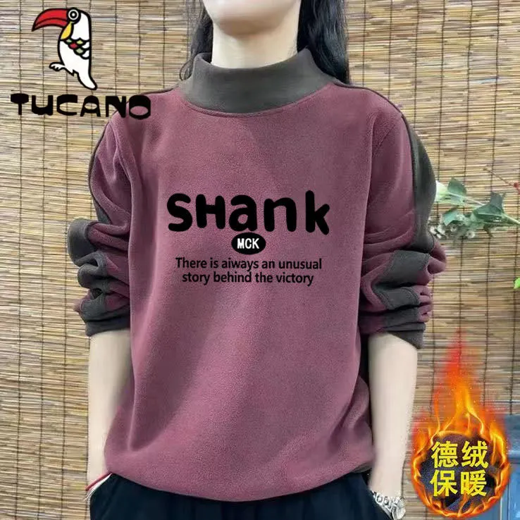 【啄木鸟】双面德绒秋冬宽松高领时尚撞色设计感气质长袖套头卫衣女