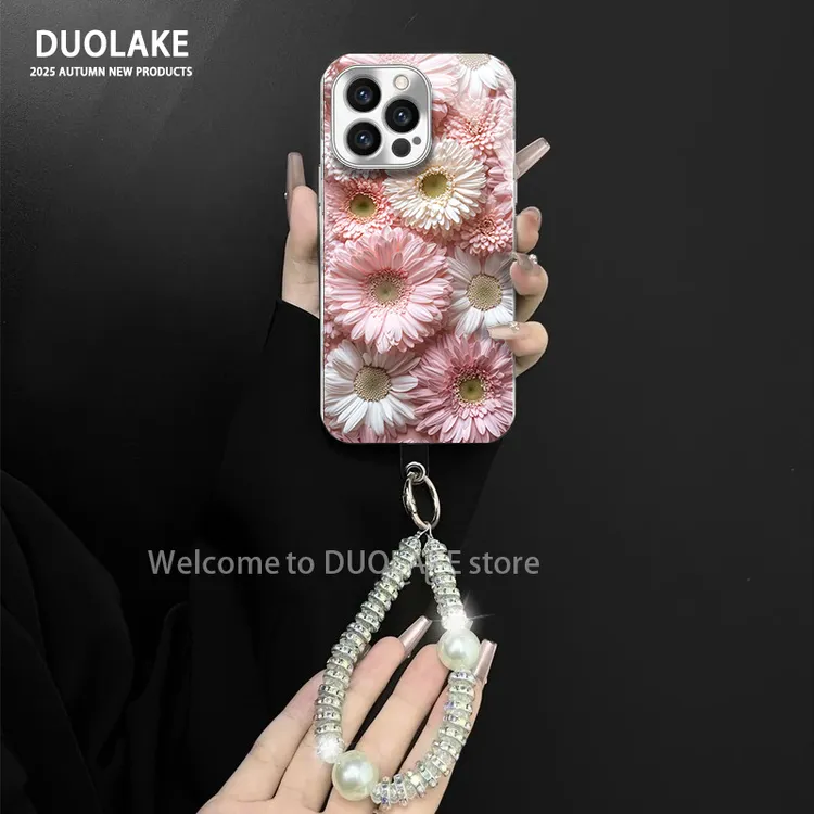 粉白花朵适用苹果vivo华为oppo小米iPhone17电镀玻璃防摔手机壳潮