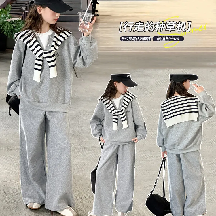 女童秋款披肩卫衣套装2025新款女大童秋季韩版领子假两件休闲卫裤