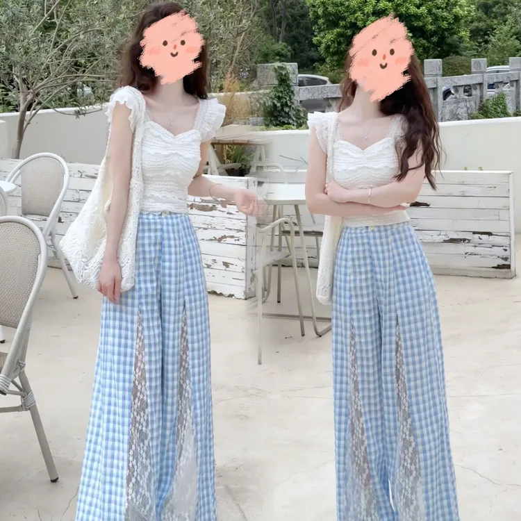 2025夏季新款法式绝美气质修身辣妹上衣蕾丝格纹阔腿裤两件套女装