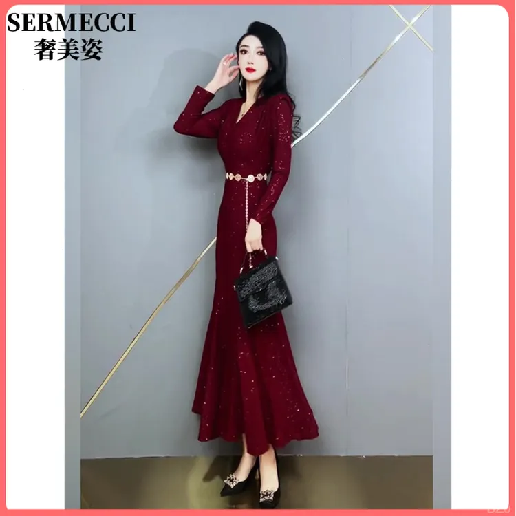 高级感酒红色修身包臀鱼尾连衣裙2025春款女装气质名媛高端女神范